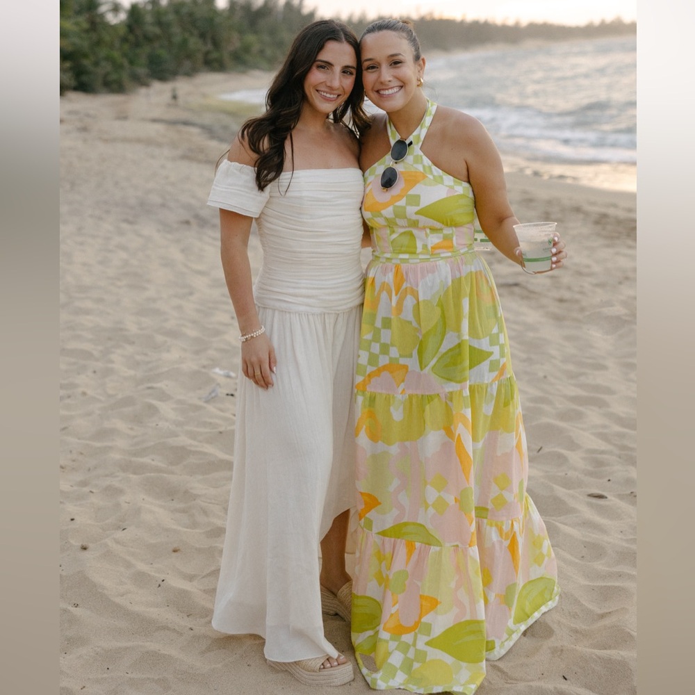 Staud Hightide Short Sleeve Ruched Corset Drop Waist Linen Gauze Midi Dress Gown